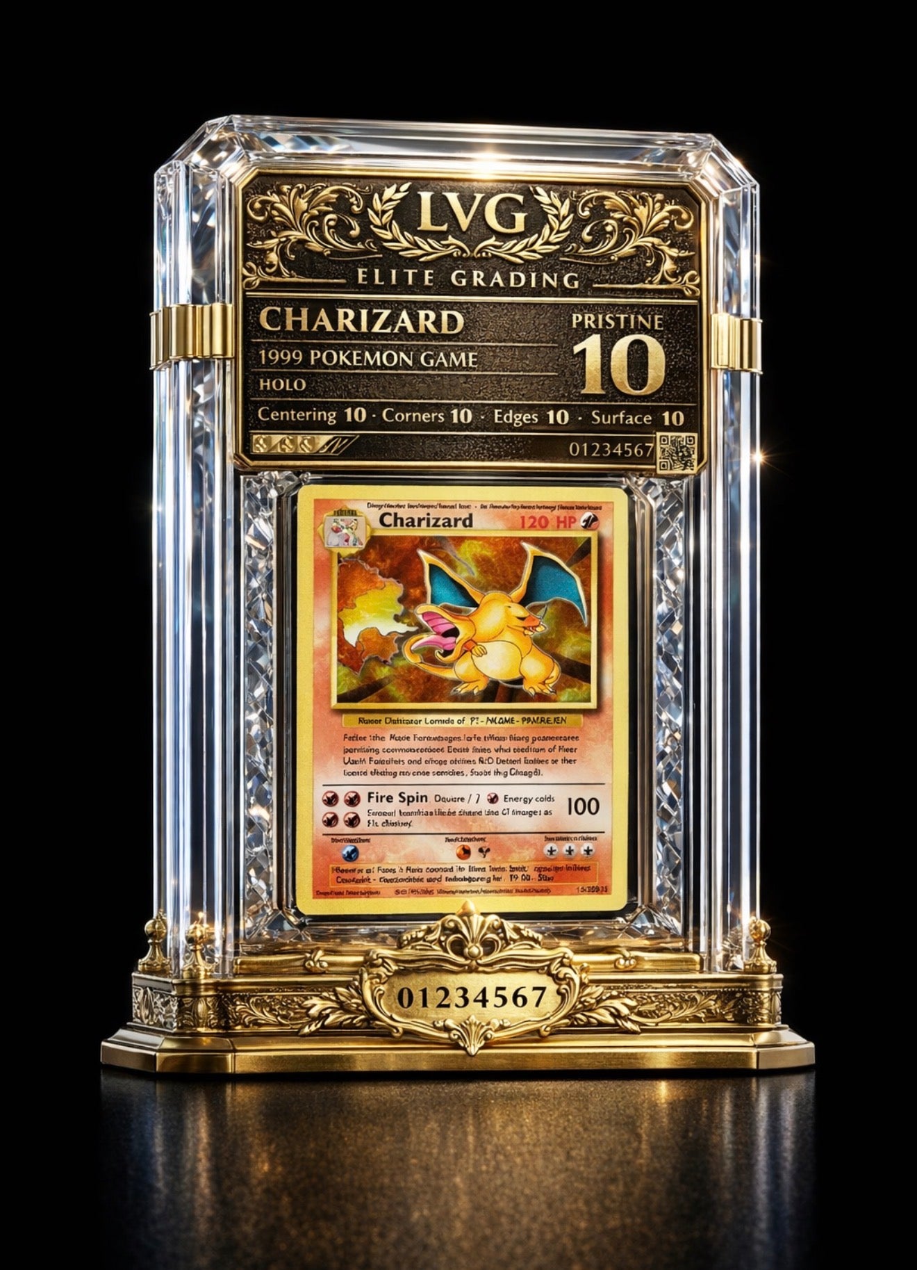 Framed Charizard Pokémon card with LVG Elite Grading 